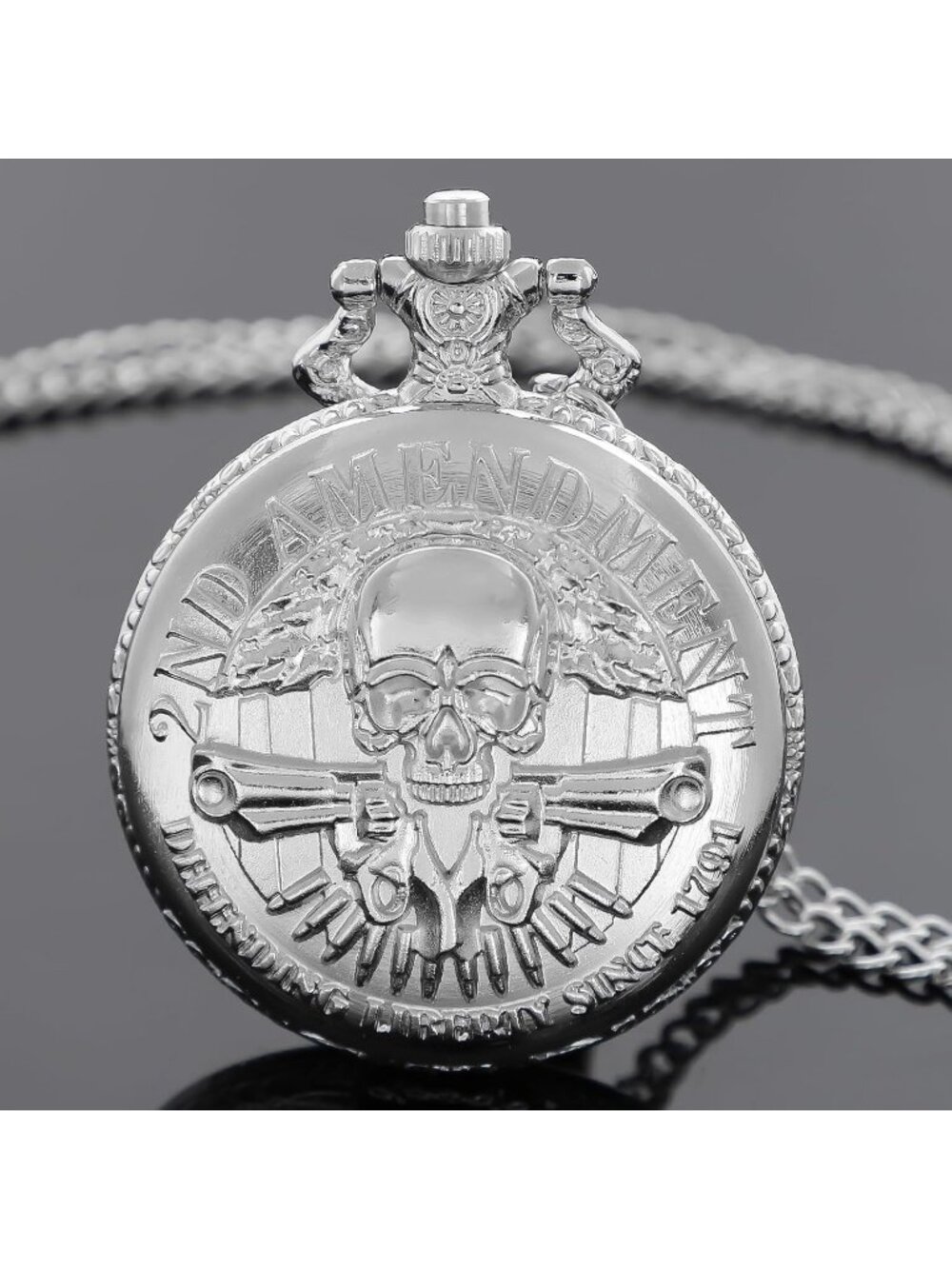 Men's Silver Analog Quartz Arabic Numerals Engraved Skull Vintage Pocket Watch - Picture 2 of 7